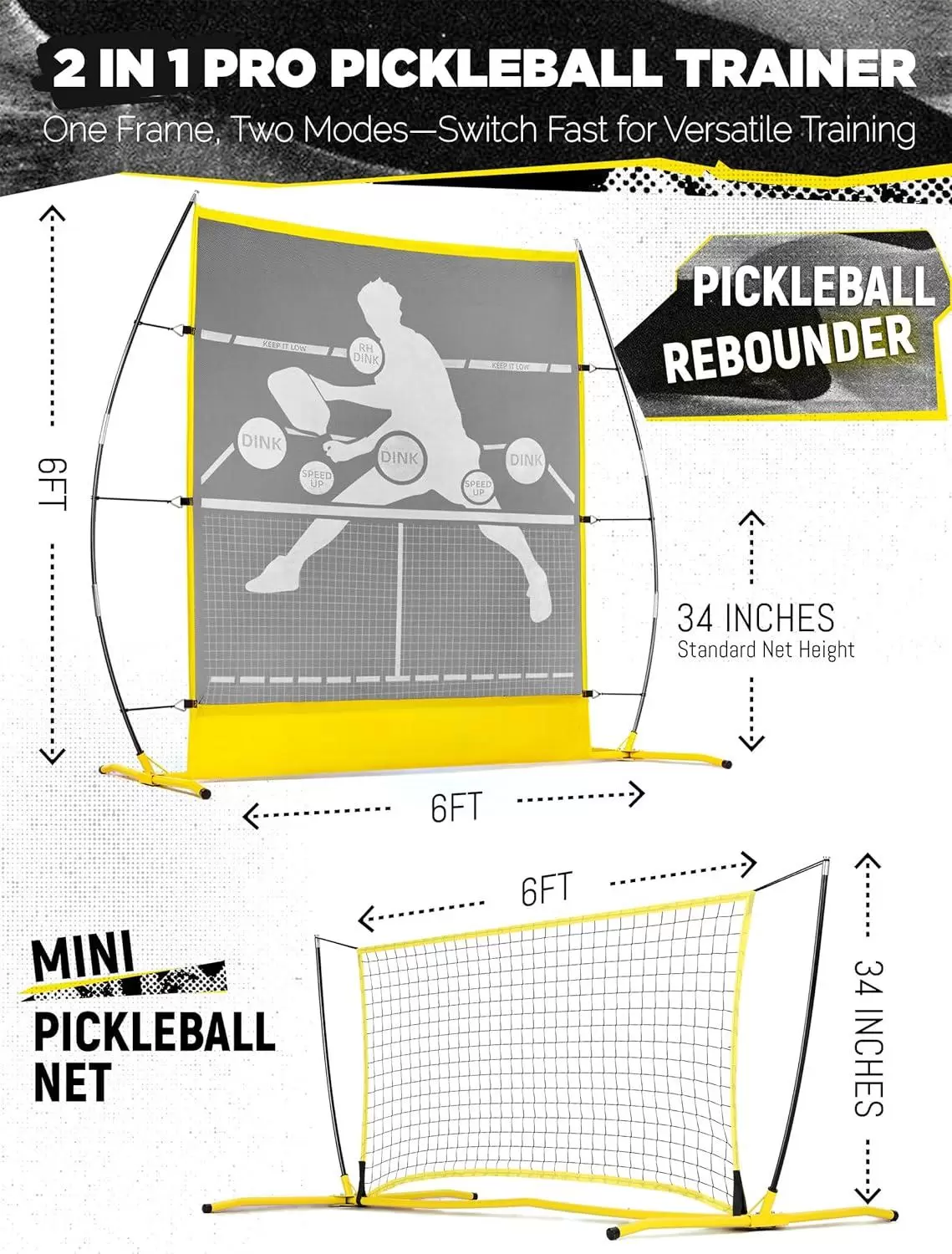 Filet de rebond de pickleball 2 en 1 1,8 x 1,8 m