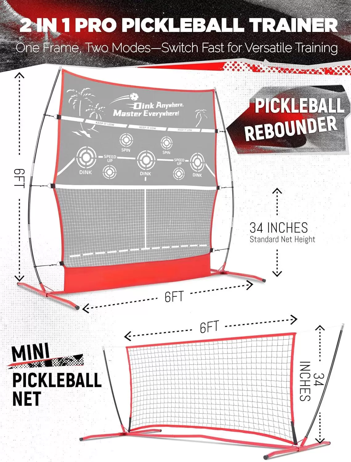 Filet de rebond de pickleball 2 en 1 1,8 x 1,8 m
