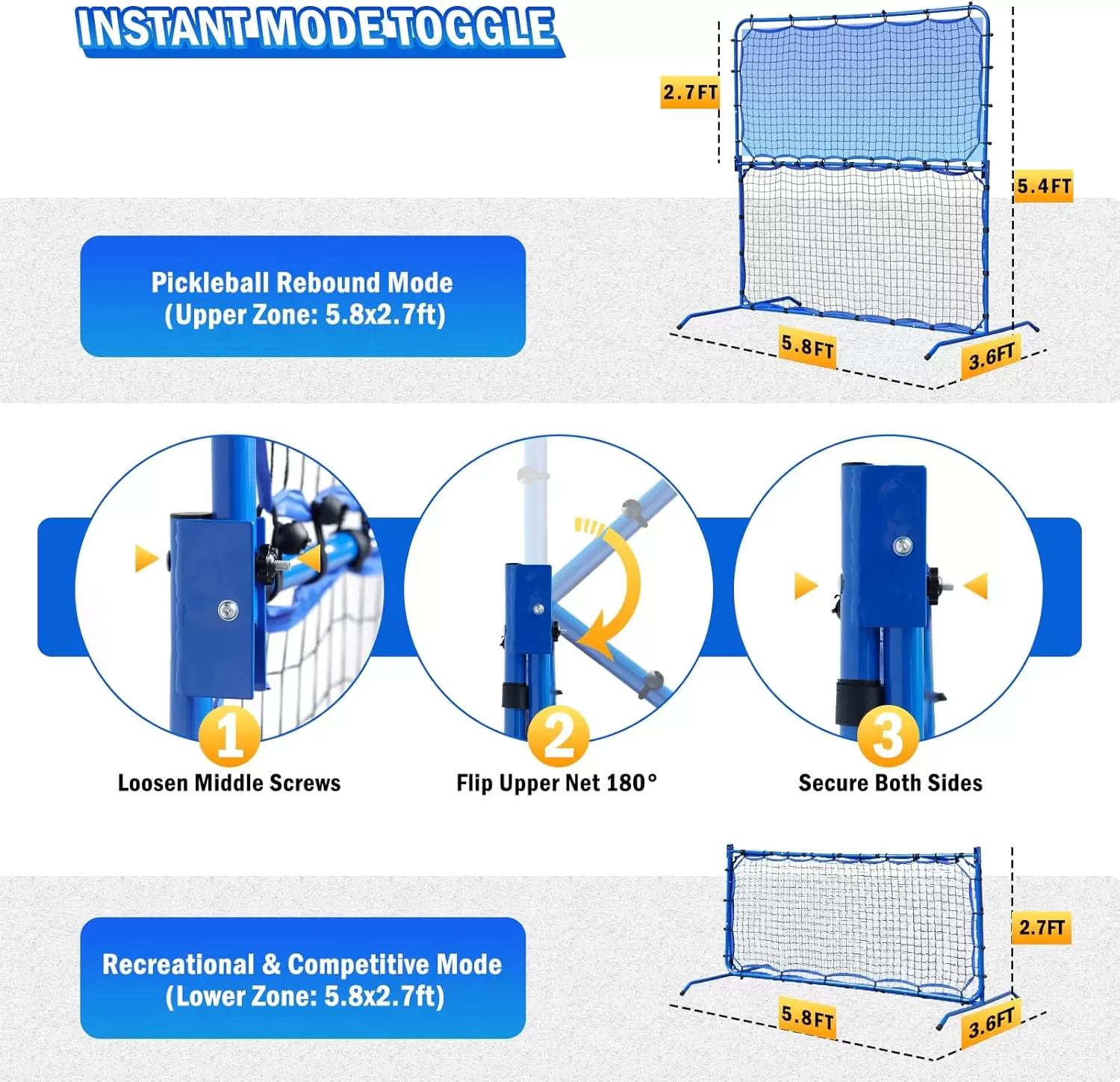 Pickleball tubulaire en acier 2 en 1 de 1,77 m x 1,65 m