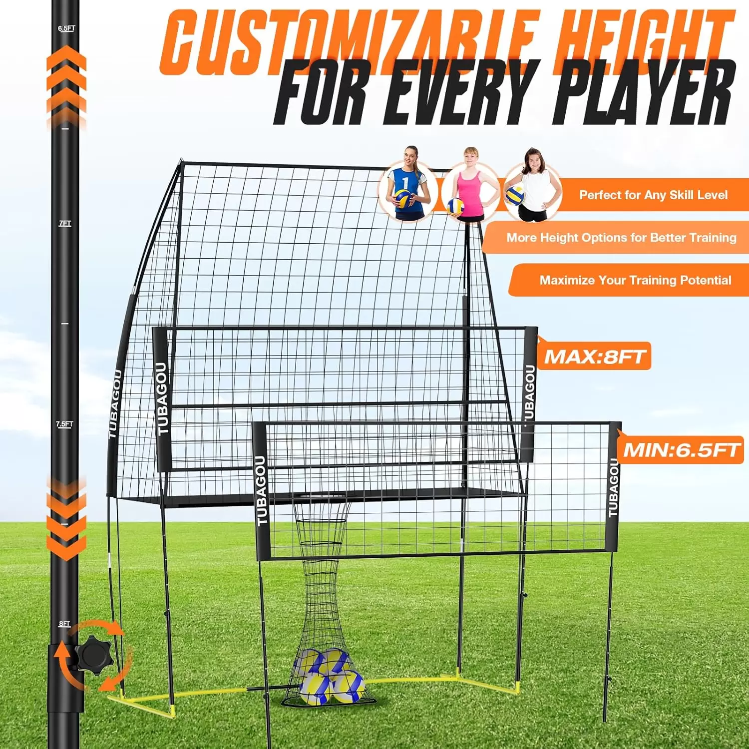 Filet d'entra&icirc;nement de volleyball avec hauteur r&eacute;glable et retour de balle