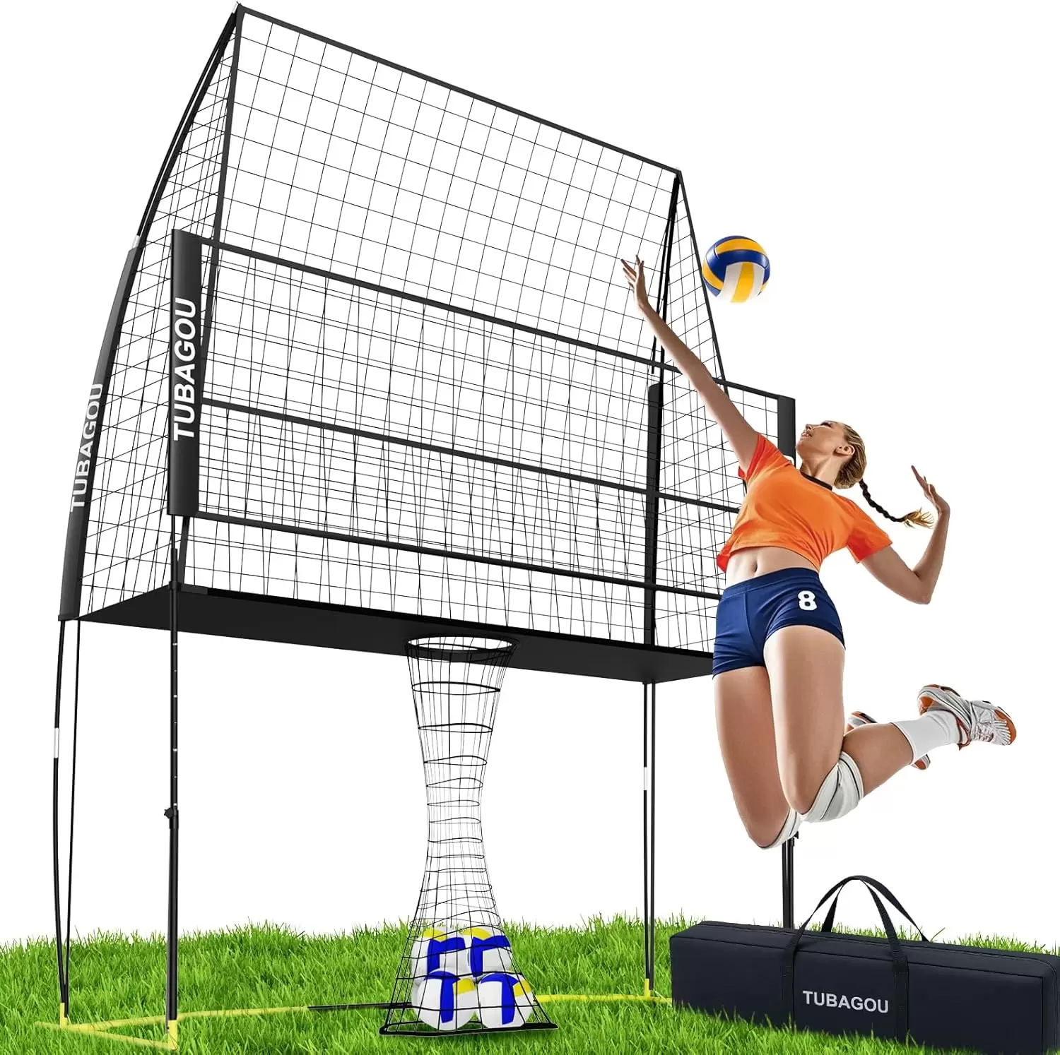 Station d'entra&icirc;nement de volleyball avec filet &agrave; hauteur r&eacute;glable et retour de balle